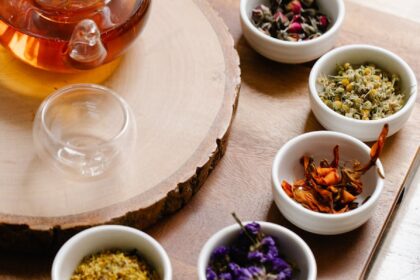 assorted herbs on bowls